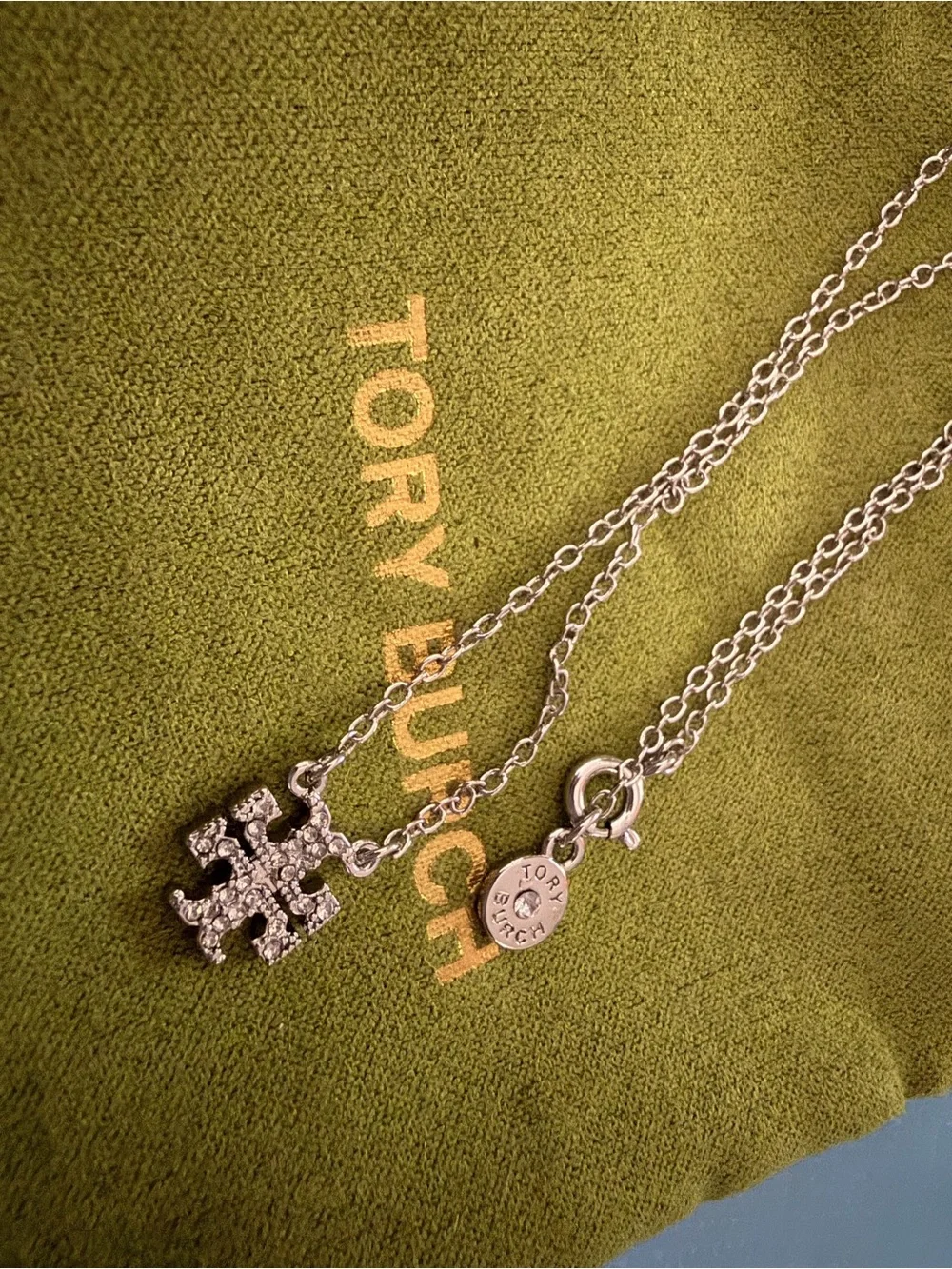 Tory Burch Silver Pavé Double-T Pendant Necklace